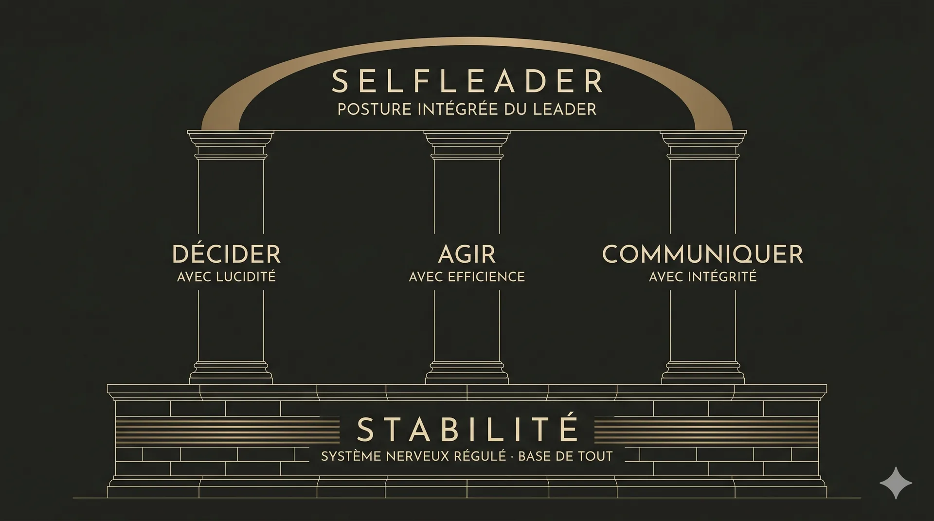 Schéma de l'architecture neuro-décisionnelle SELFLEADER — socle de stabilité, trois piliers, arche qui relie l'ensemble.